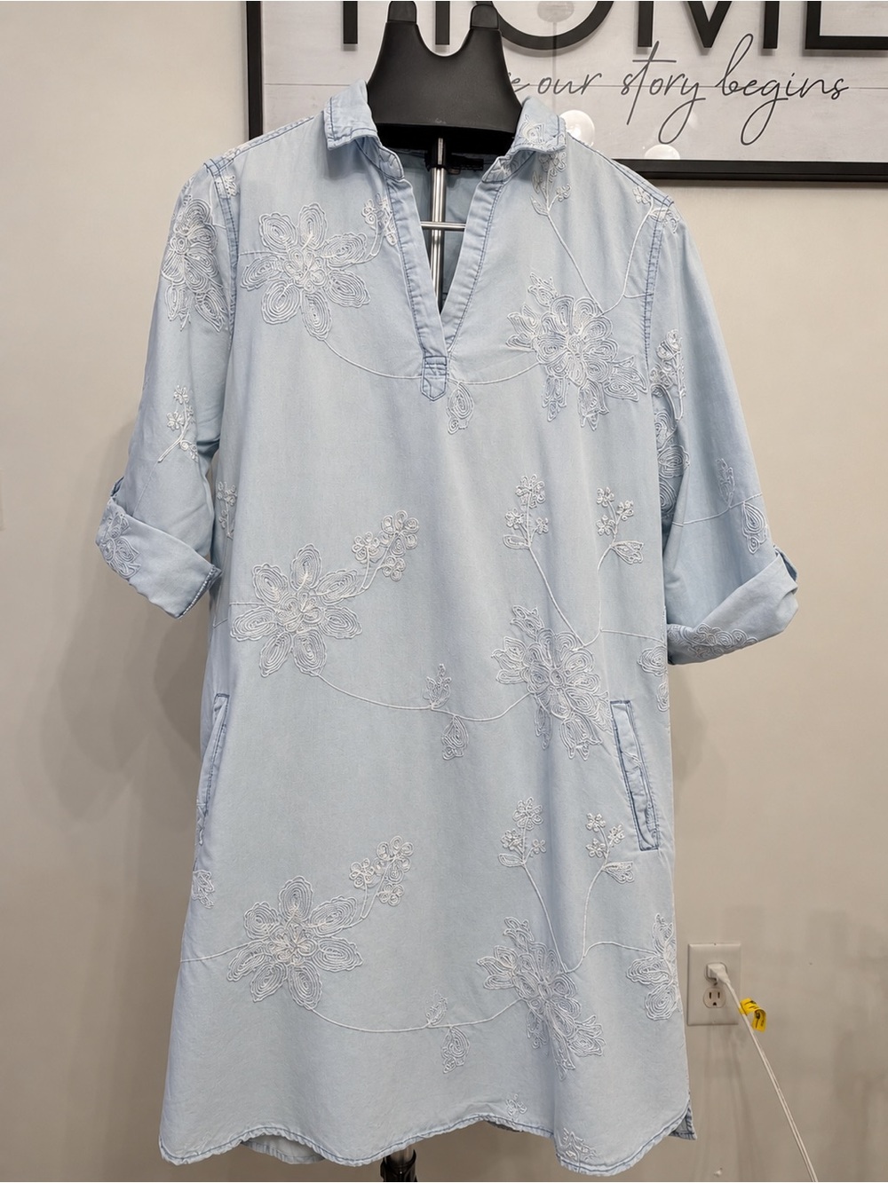 Luxology Light Blue Embroidered V-Neck Shift Dress